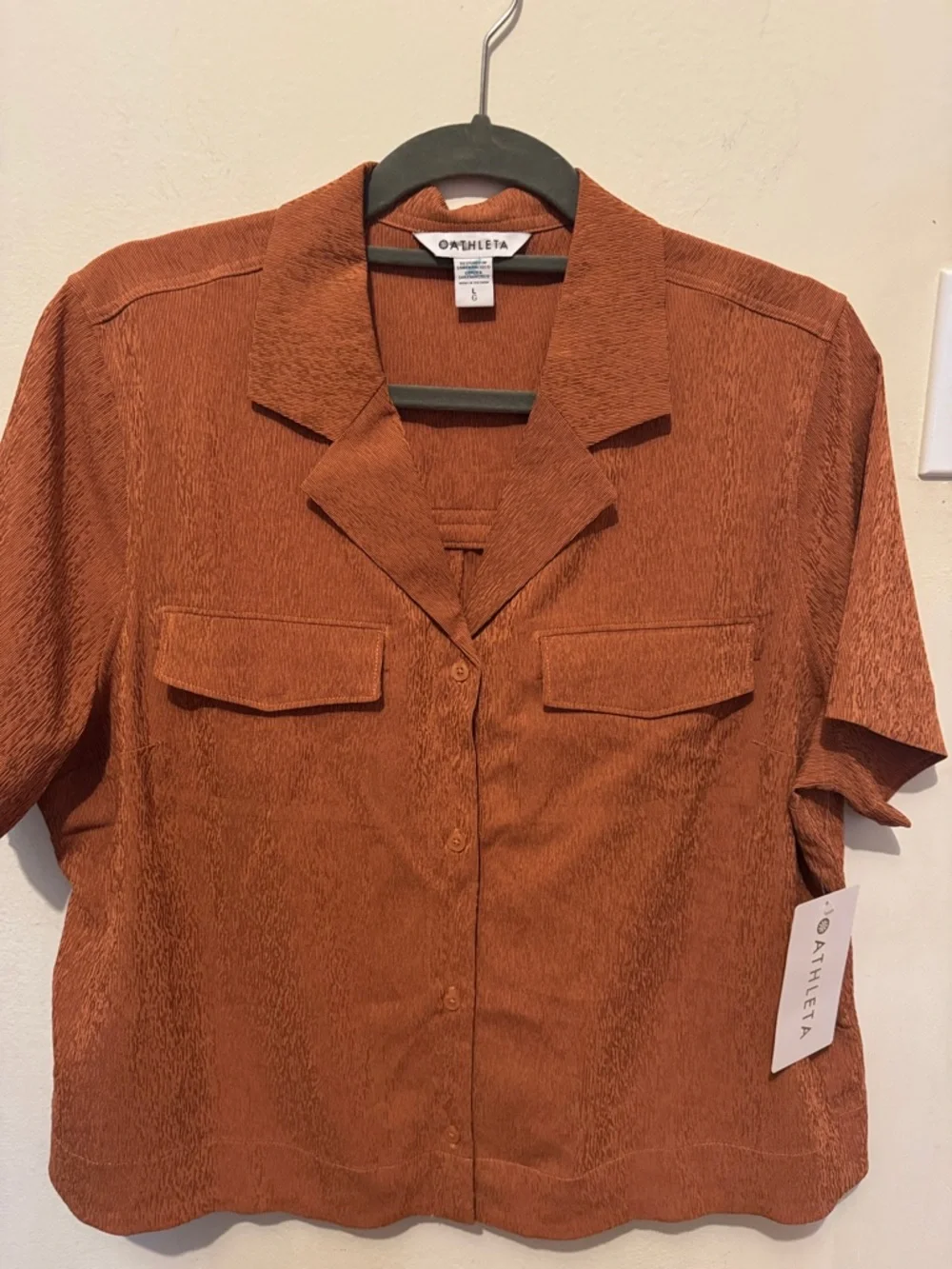 NWT Athleta Echo TopRust-Orange Short Sleeve Button-Front Camp Shirt - Picture 6 of 6